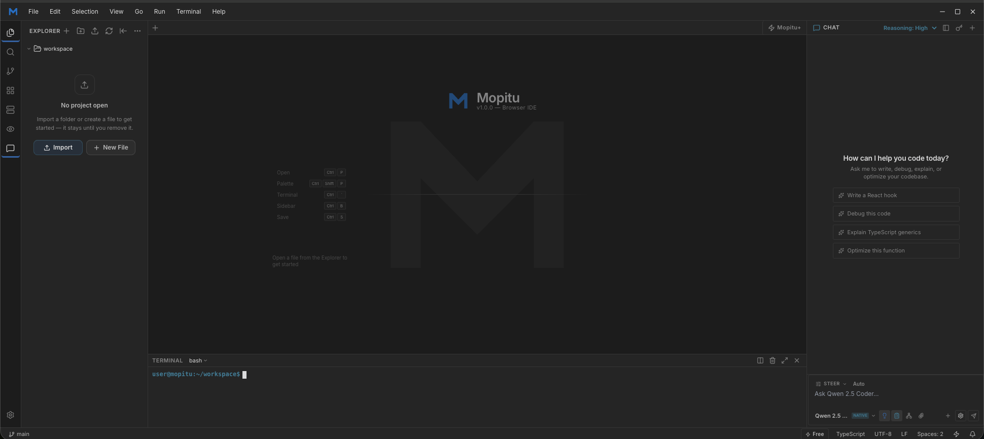 Screenshot of the Mopitu app workspace with explorer, editor, terminal, and chat panels
